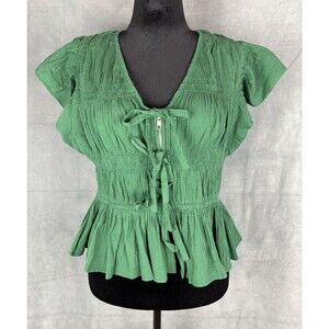 Jennifer & Grace Smocked Peplum Top Womens XL Green Zip & Tie Front Boho Peasant